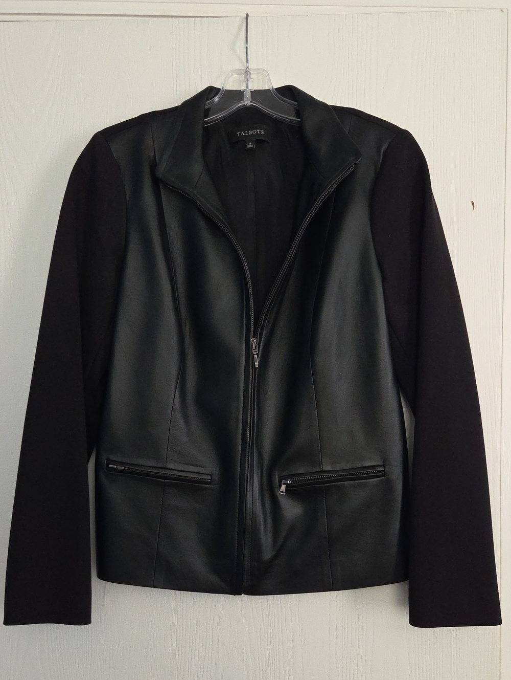 Talbots Black Leather Front Jacket with Knit Sleeves